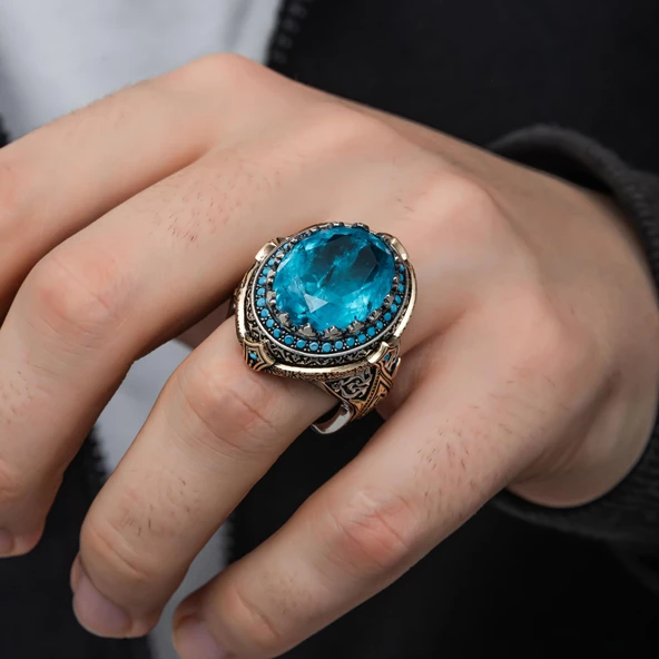 Mavi Paraiba Taşlı Gümüş Erkek Yüzük - 5