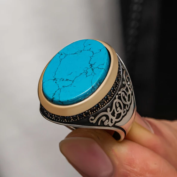 Oval Firuze Taşlı Gümüş Erkek Yüzük - 2