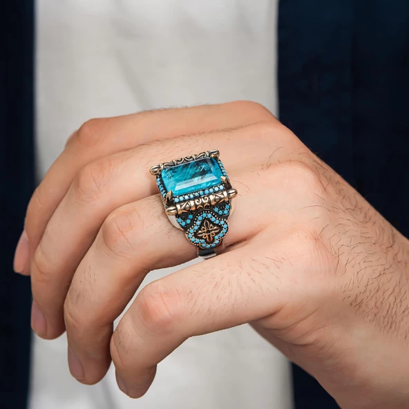 Paraiba Taşlı Gümüş Erkek Yüzük - 4