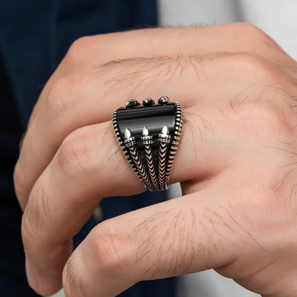 Pençe Model Oniks Taşlı Gümüş Erkek Yüzük - 6