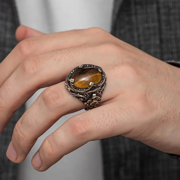 Oval Kaplan Gözü Taşlı Gümüş Erkek Yüzük - 3