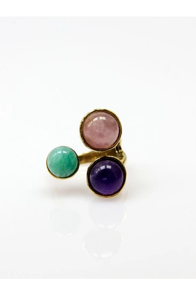 Doğal Taş 3'lü Doğal Taşlı Ayarlanabilir Kadın Yüzük Pembe Kuvars Ametist Aventurin euy17paa - Resim 6