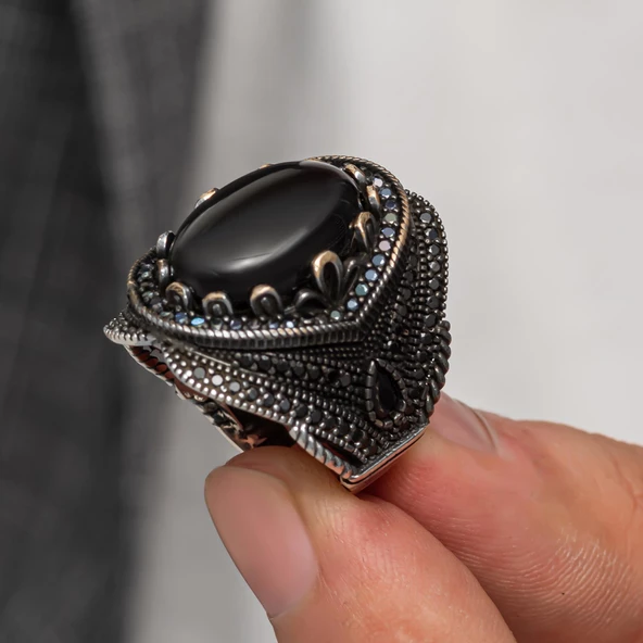 Oval Oniks Taşlı Gümüş Erkek Yüzük - 2