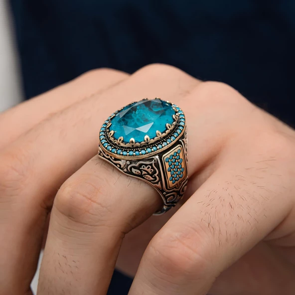 Paraiba Taşlı Gümüş Erkek Yüzük - 5
