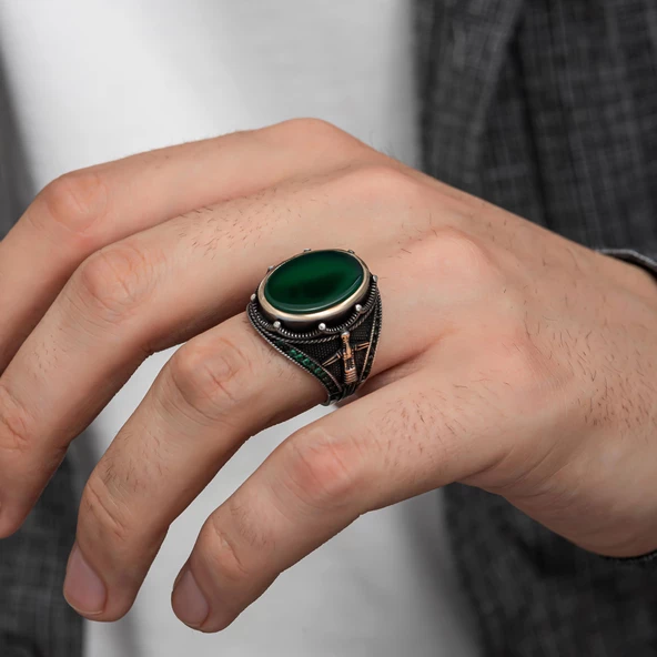 Oval Yeşil Akik Taşlı Gümüş Erkek Yüzük - 3
