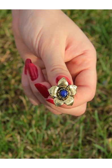 Doğal Taş Lapis Doğal Taşlı Otantik Çiçek Model Kadın Ayarlanabilir Yüzük euy18l - Resim 3