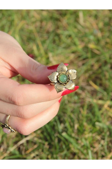 Doğal Taş Yeşil Akik Doğal Taşlı Otantik Çiçek Model Kadın Ayarlanabilir Yüzük euy18ya - Resim 3