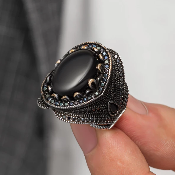 Oval Oniks Taşlı Gümüş Erkek Yüzük