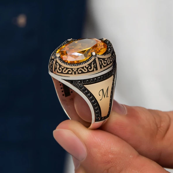 Oval Sitrin Taşlı Gümüş Erkek Yüzük - 2
