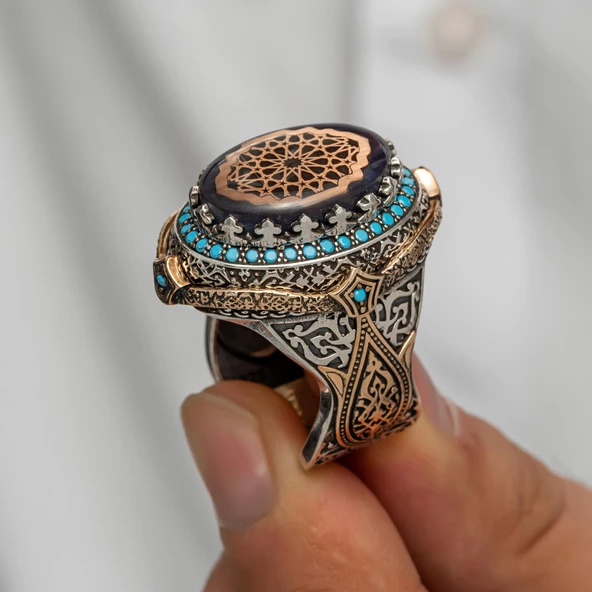 Osmanlı Motifli Sıkma Kehribar Taşlı Gümüş Erkek Yüzük