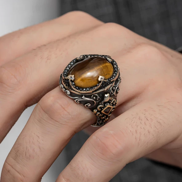 Oval Kaplan Gözü Taşlı Gümüş Erkek Yüzük - 5