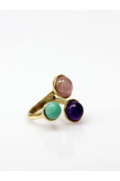Doğal Taş 3'lü Doğal Taşlı Ayarlanabilir Kadın Yüzük Pembe Kuvars Ametist Aventurin euy17paa - Resim 5