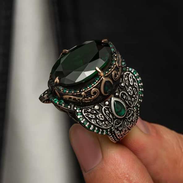 Oval Yeşil Zirkon Taşlı Gümüş Erkek Yüzük