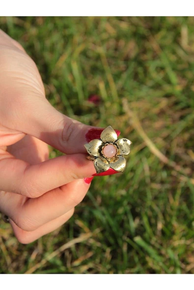 Doğal Taş Pembe Kuvars Doğal Taşlı Otantik Çiçek Model Kadın Ayarlanabilir Yüzük euy18pk - Resim 3