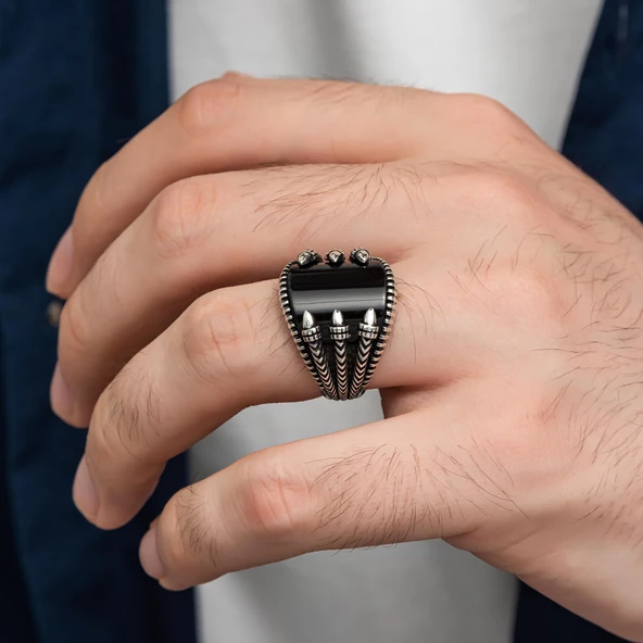 Pençe Model Oniks Taşlı Gümüş Erkek Yüzük - 4