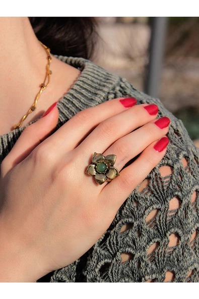Doğal Taş Yeşil Akik Doğal Taşlı Otantik Çiçek Model Kadın Ayarlanabilir Yüzük euy18ya - Resim 2