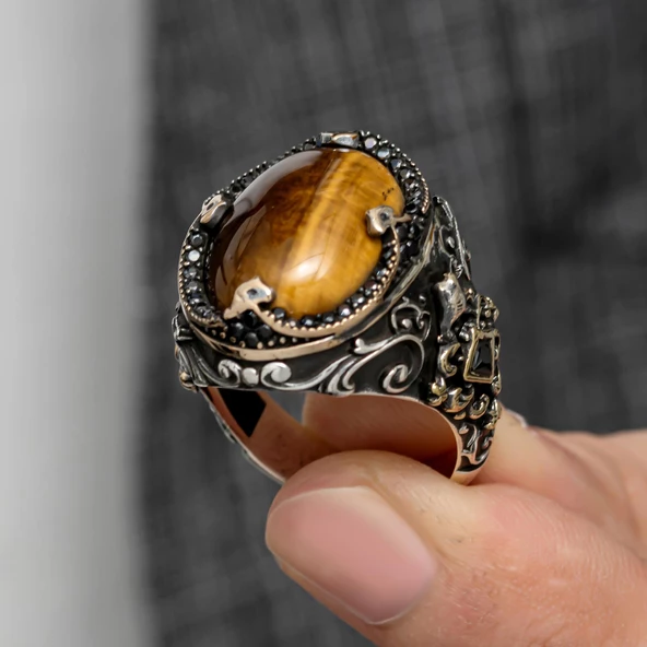 Oval Kaplan Gözü Taşlı Gümüş Erkek Yüzük - 2