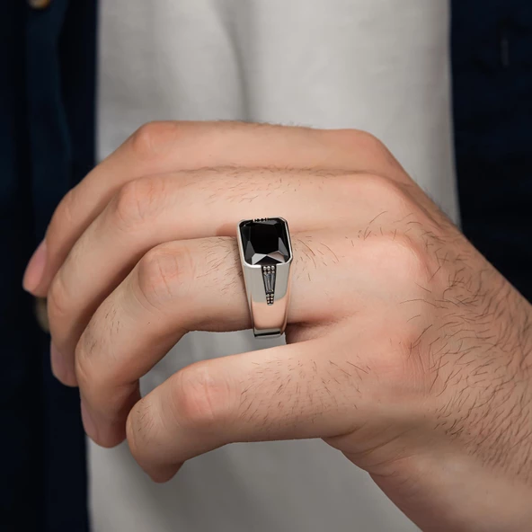 Siyah Zirkon Taşlı Gümüş Erkek Yüzük - 3