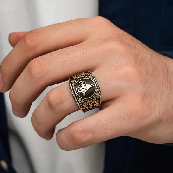 Barok Desenli Tuğralı Gümüş Erkek Yüzük - 4