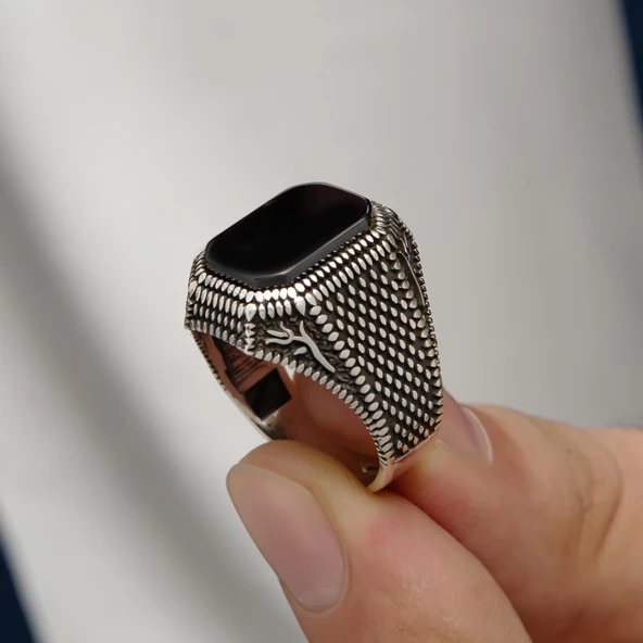 Oniks Taşlı Lale Desenli Gümüş Erkek Yüzük - 2