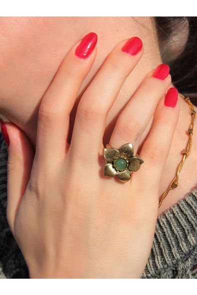 Doğal Taş Yeşil Akik Doğal Taşlı Otantik Çiçek Model Kadın Ayarlanabilir Yüzük euy18ya ürün görseli