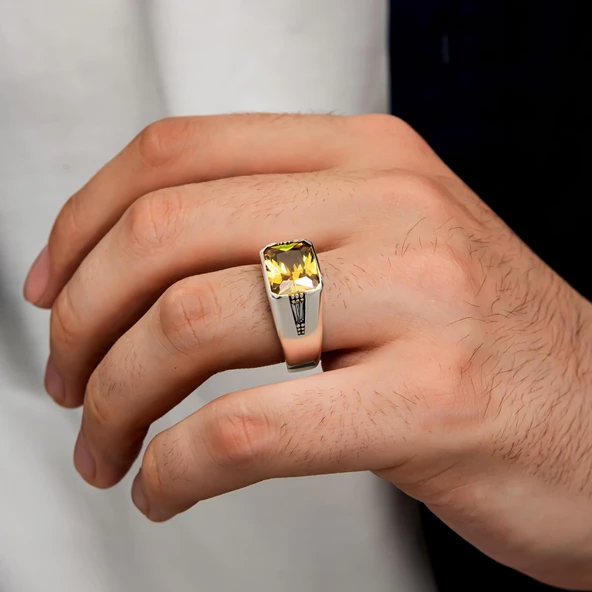 Sitrin Taşlı Gümüş Erkek Yüzük - 2