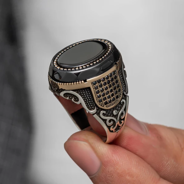 Oval Oniks Taşlı Gümüş Erkek Yüzük - 1