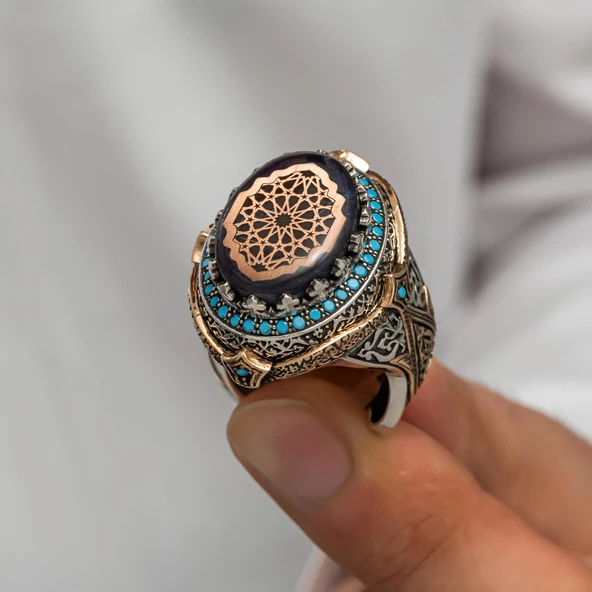Osmanlı Motifli Sıkma Kehribar Taşlı Gümüş Erkek Yüzük - 2