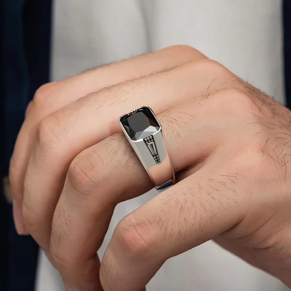 Siyah Zirkon Taşlı Gümüş Erkek Yüzük - 4