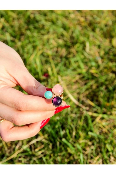 Doğal Taş 3'lü Doğal Taşlı Ayarlanabilir Kadın Yüzük Pembe Kuvars Ametist Aventurin euy17paa - Resim 3