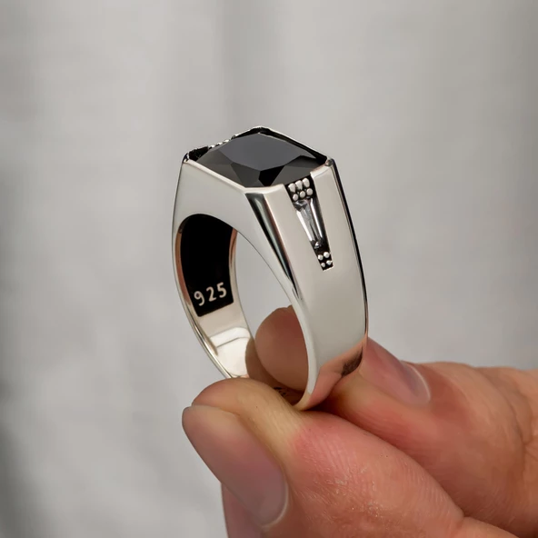 Siyah Zirkon Taşlı Gümüş Erkek Yüzük - 2