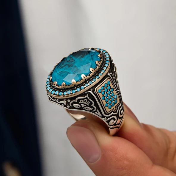 Paraiba Taşlı Gümüş Erkek Yüzük - 1