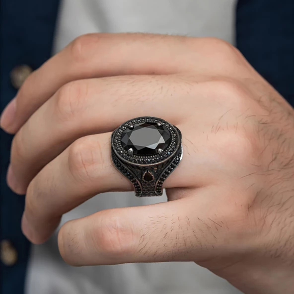 Oval Zirkon Taşlı Gümüş Erkek Yüzük - 5