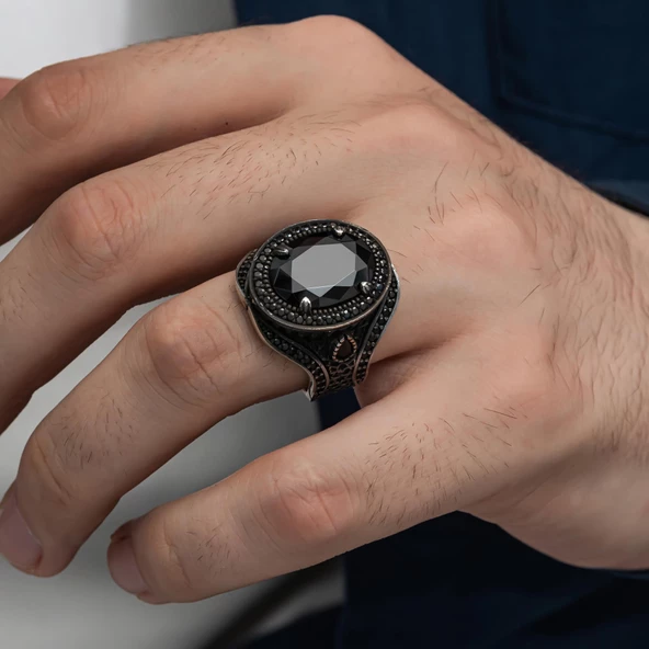 Oval Zirkon Taşlı Gümüş Erkek Yüzük - 3