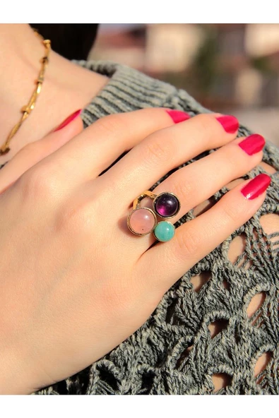 Doğal Taş 3'lü Doğal Taşlı Ayarlanabilir Kadın Yüzük Pembe Kuvars Ametist Aventurin euy17paa - Resim 2
