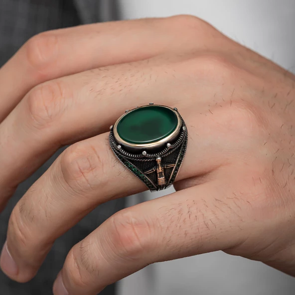 Oval Yeşil Akik Taşlı Gümüş Erkek Yüzük - 4