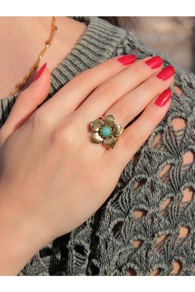 Doğal Taş Amazonit Doğal Taşlı Otantik Çiçek Model Kadın Ayarlanabilir Yüzük euy18a - Resim 2