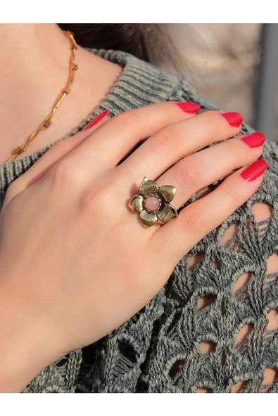 Doğal Taş Pembe Kuvars Doğal Taşlı Otantik Çiçek Model Kadın Ayarlanabilir Yüzük euy18pk - Resim 2
