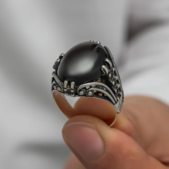 Oval Oniks Taşlı Gümüş Erkek Yüzük - 2
