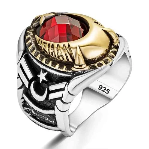 Uzman Çavuş Yazılı Ay Yıldız İşlemeli Gümüş Erkek Yüzük - 2