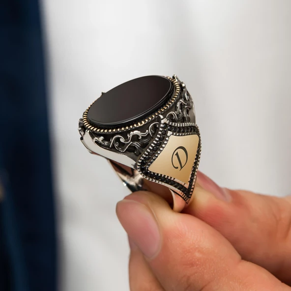 Oval Oniks Taşlı Gümüş Erkek Yüzük - 2