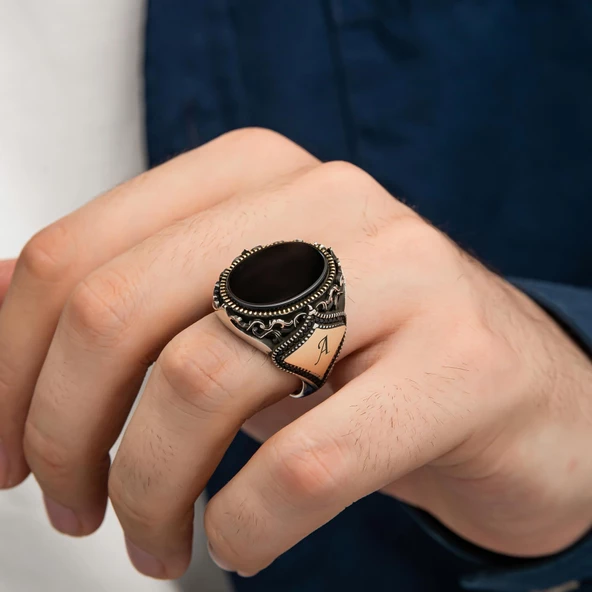 Oval Oniks Taşlı Gümüş Erkek Yüzük - 4