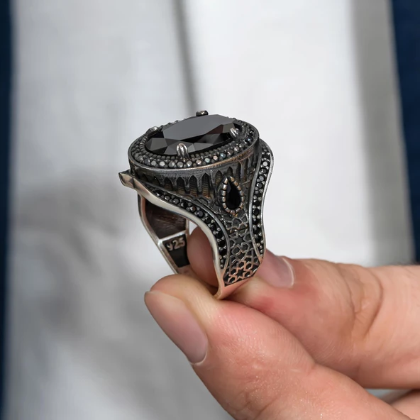 Oval Zirkon Taşlı Gümüş Erkek Yüzük - 2