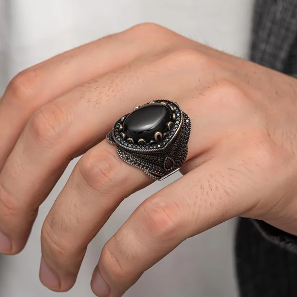 Oval Oniks Taşlı Gümüş Erkek Yüzük - 4