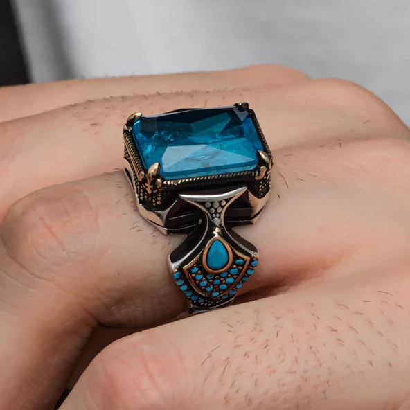 Oktagon Kesim Paraiba Taşlı Gümüş Erkek Yüzük - 5