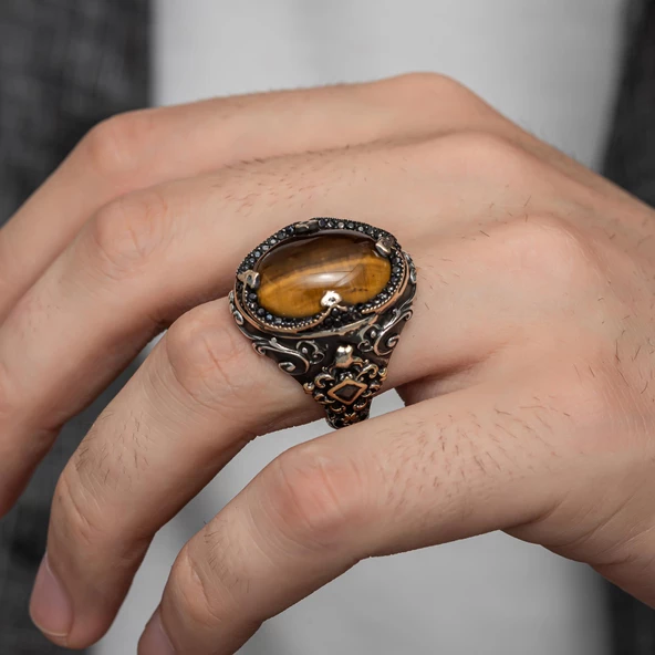 Oval Kaplan Gözü Taşlı Gümüş Erkek Yüzük - 4