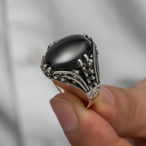 Oval Oniks Taşlı Gümüş Erkek Yüzük