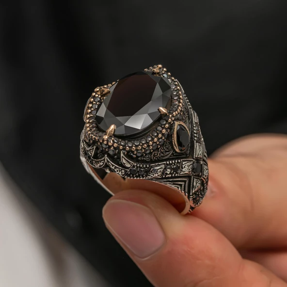 Oval Zirkon Taşlı Gümüş Erkek Yüzük - 2