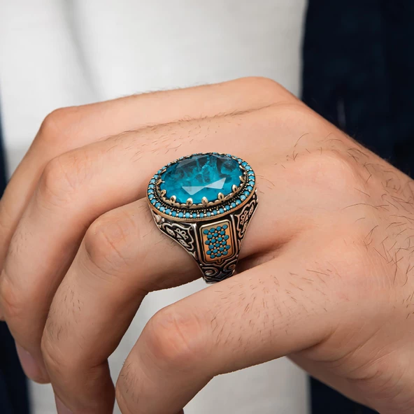 Paraiba Taşlı Gümüş Erkek Yüzük - 4