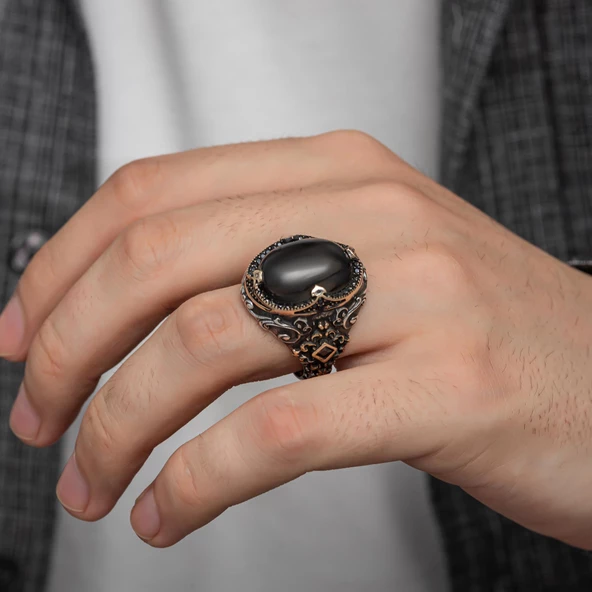 Oval Oniks Taşlı Gümüş Erkek Yüzük - 3